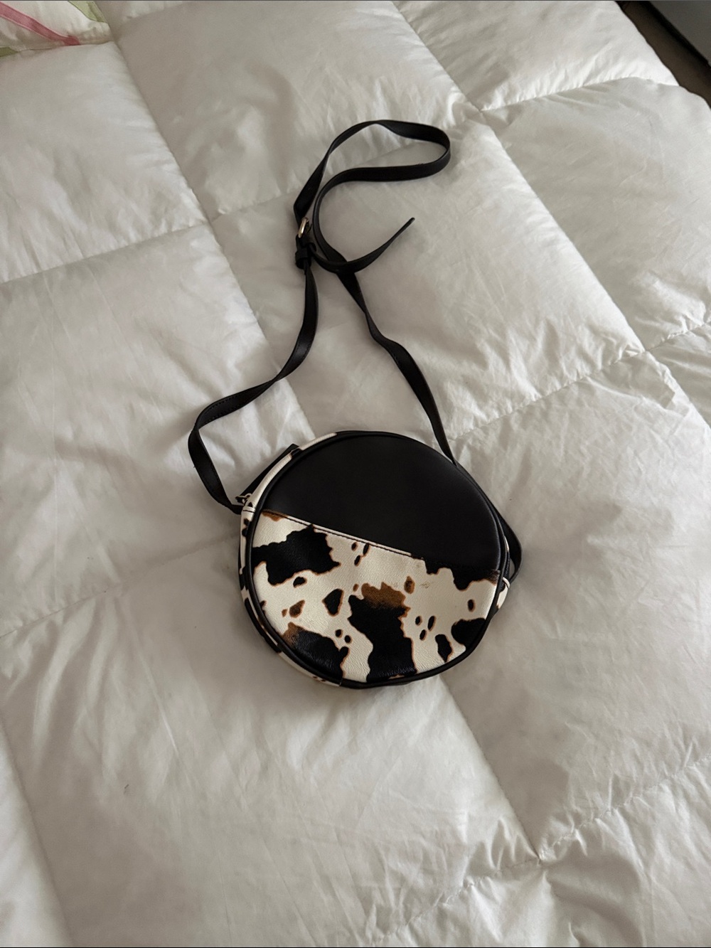 Round Cowhide-Print Crossbody Bag in Black and White